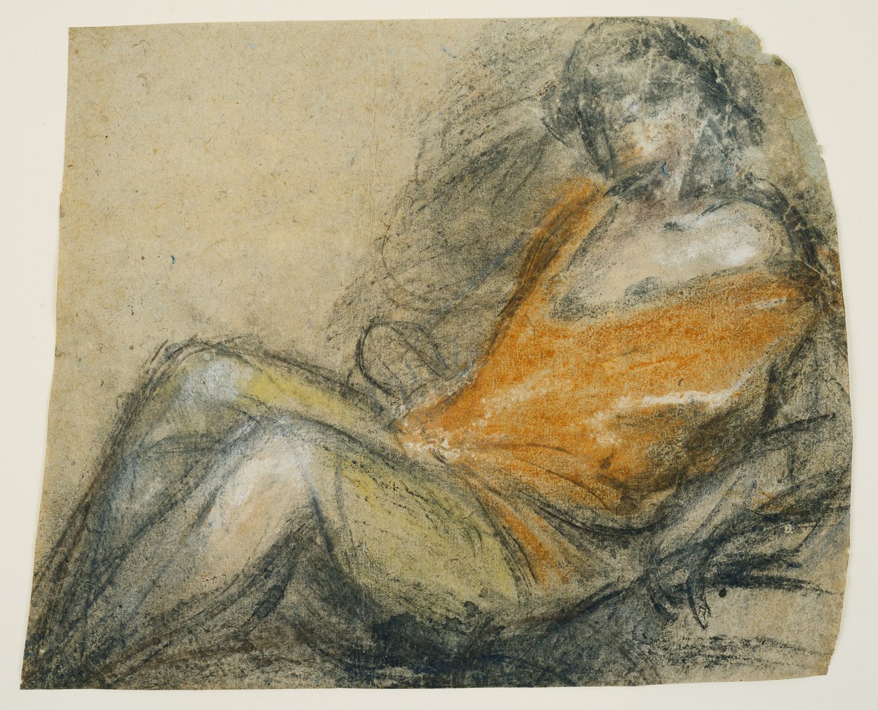 Estudo de uma figura reclinada, c.1567 (caneta preta, giz e caneta de grafite sobre papel cinzento) de Jacopo (1510 92) Bassano