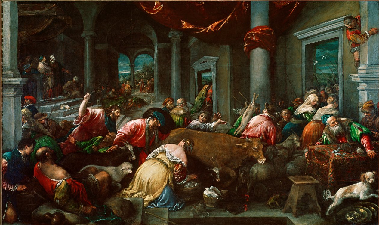 A purificação do Templo ou "Cristo perseguindo mercadores do Templo" Pintura de Jacopo da Ponte dit Jacopo Bassano (1517 circa-1592) Sol. 160x265 cm Londres, Galeria Nacional de Jacopo Bassano
