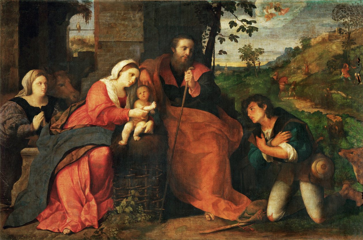 A Adoração dos Pastores com dador feminino ... de Jacopo (c.1480 1528) Palma