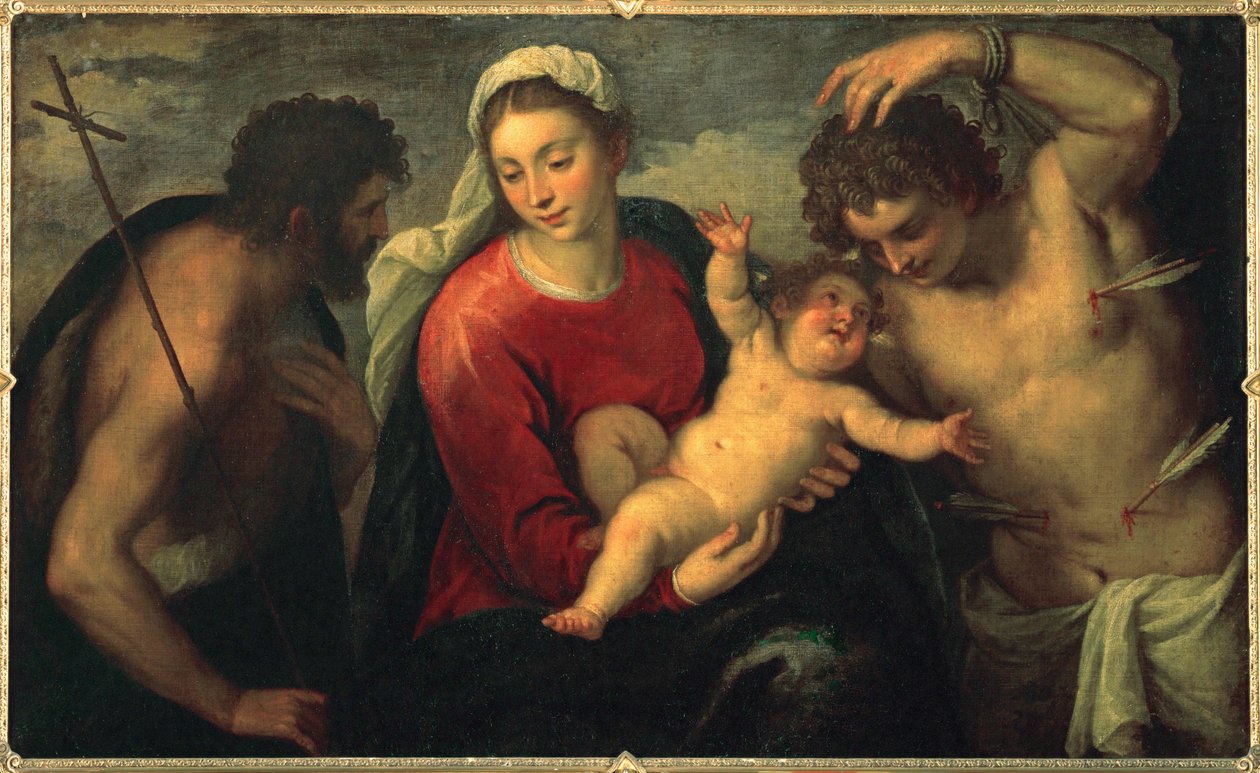 Virgem e menino com João Batista e São Sebastião ... (pintura sobre tela) de Jacopo (c.1480-1528) Palma