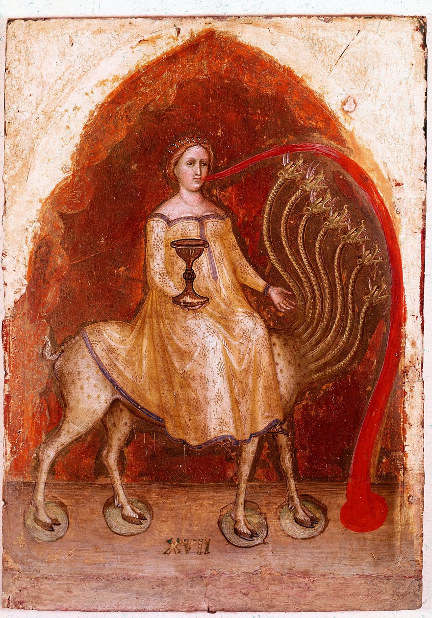 Painel esquerdo do Políptico do Apocalipse: a besta tem sete cabeças e a Mulher, sentada sobre ela, rica prostituta. Detrempe em madeira de Jacobello Alberegno (1367-1397 aprox.) 1360-1390. Gallerie dell