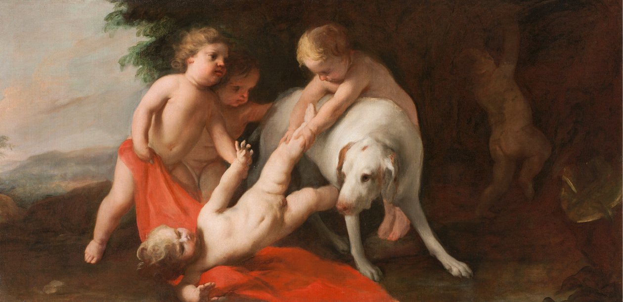 Putti brincando com cachorro de Jacopo Amigoni