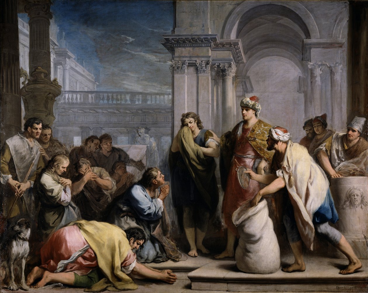 O copo de prata de Josephs no saco de Benjamins, ca 1749 de Jacopo Amigoni