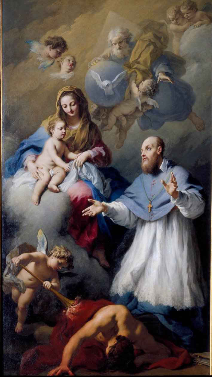 Virgem e Filho com São François-de-Sales (1567-1622), eveque de Genebra Representação da Santíssima Trindade com Jesus Cristo, Deus e a pomba do Espírito Santo. Pintura de Jacopo Amigoni (1675-1752) 1743 Veneza, Igreja de Santa Maria della Fava de Jacopo Amigoni