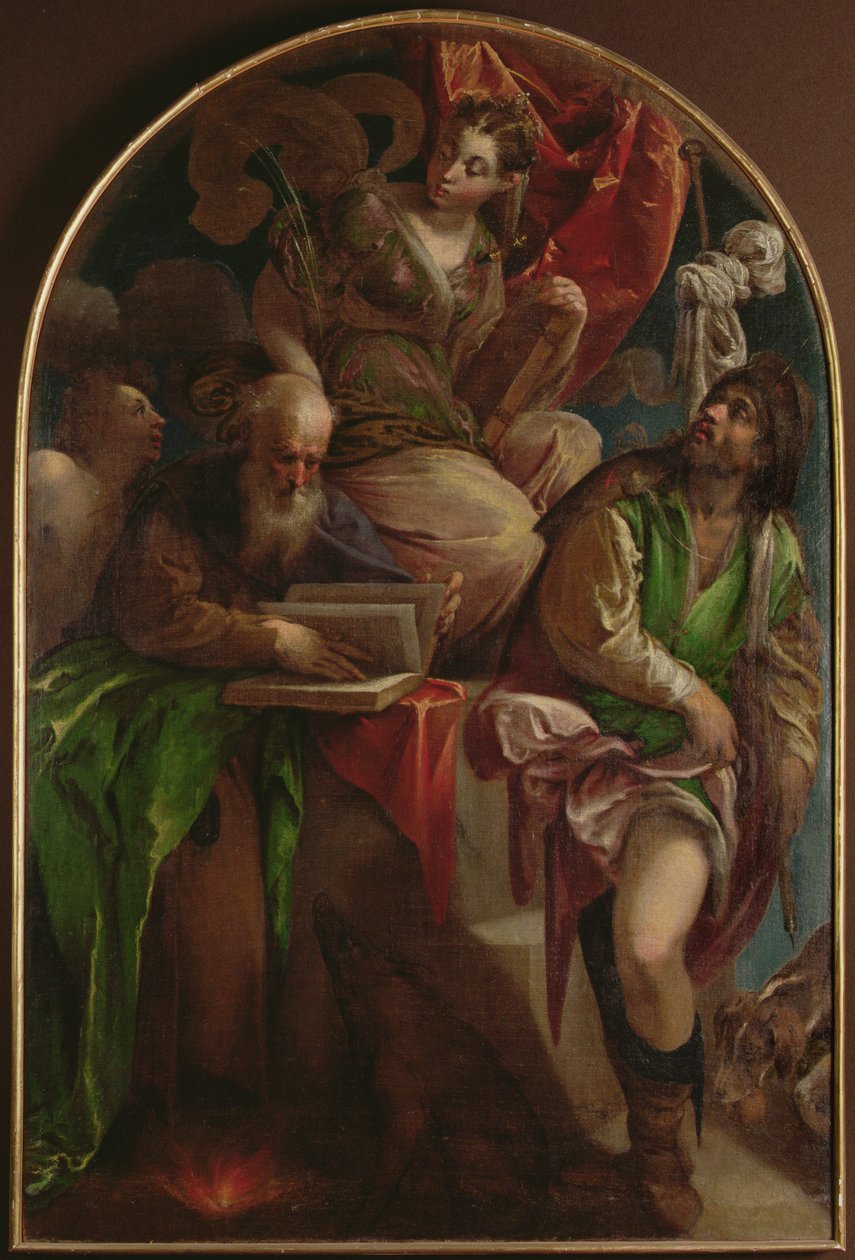Santa Justina de Pádua, entronizada com São Sebastião, Santo António Abade e São Roque, c.1557-60 de Jacopo Bassano