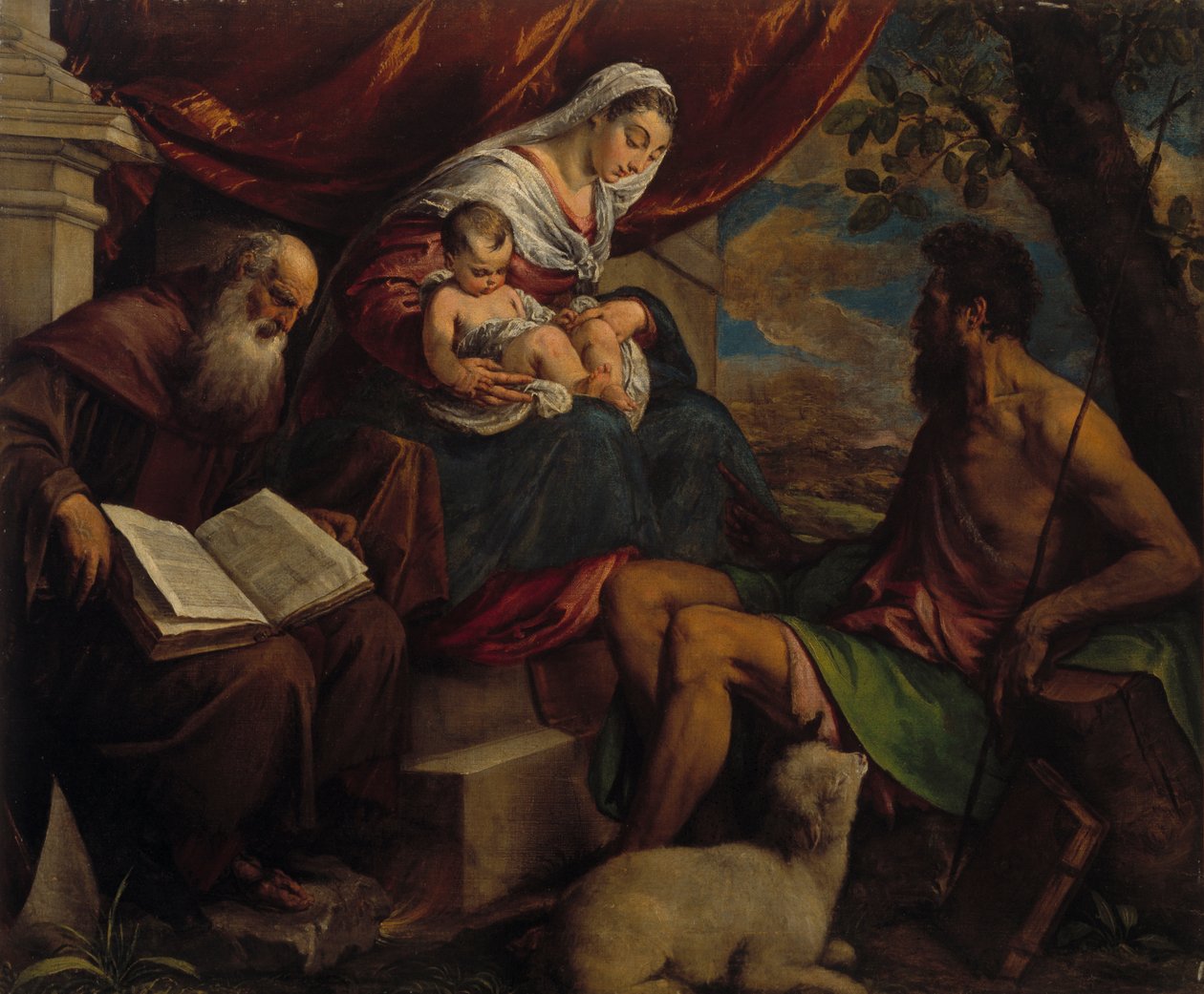 Virgem e Menino com João Batista e Santo Antônio Abade, 1560s. de Jacopo Bassano il vecchio