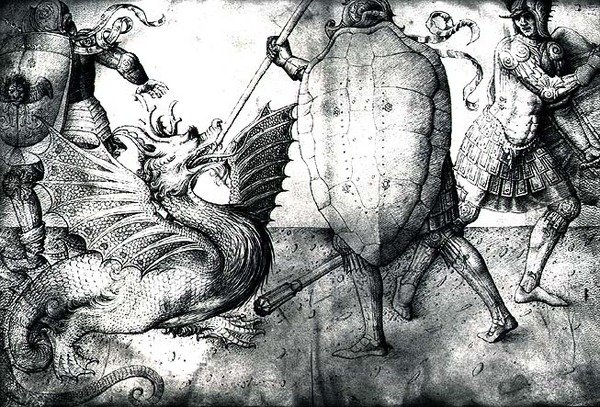 Guerreiros lutando contra um dragão, c.1450 (tinta sobre velino) de Jacopo Bellini