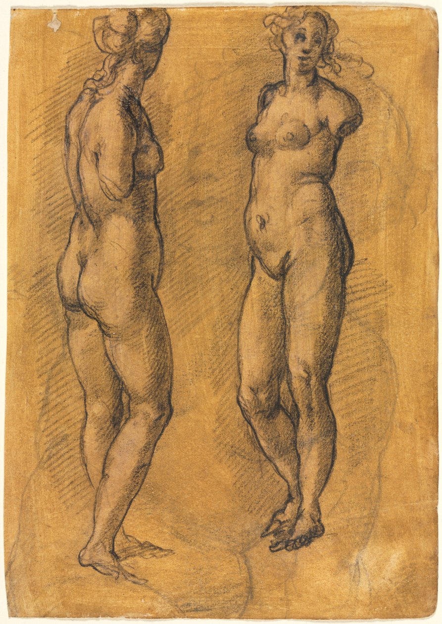 Cópia de uma estátua antiga de uma mulher em pé (duas vistas), sobre um esboço de um putto de Jacopo Chimenti