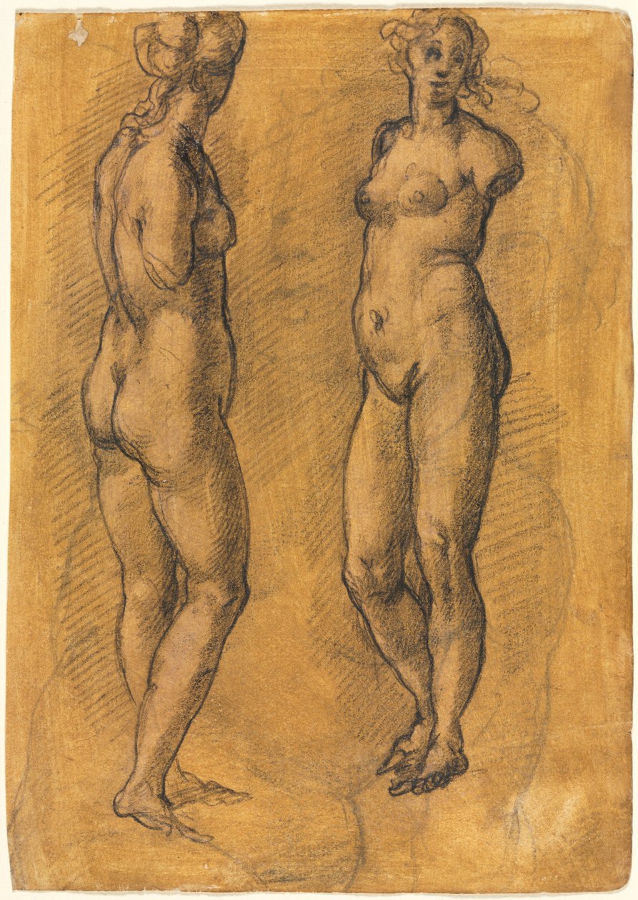 Cópia de uma estátua antiga de uma mulher em pé duas vistas, sobre um esboço de um Putto, década de 1570. de Jacopo Chimenti
