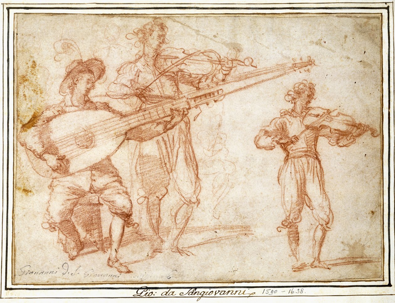 Dois músicos tocando um chiatarrone e um violino, com um estudo subsidiário do segundo músico de Jacopo Confortini