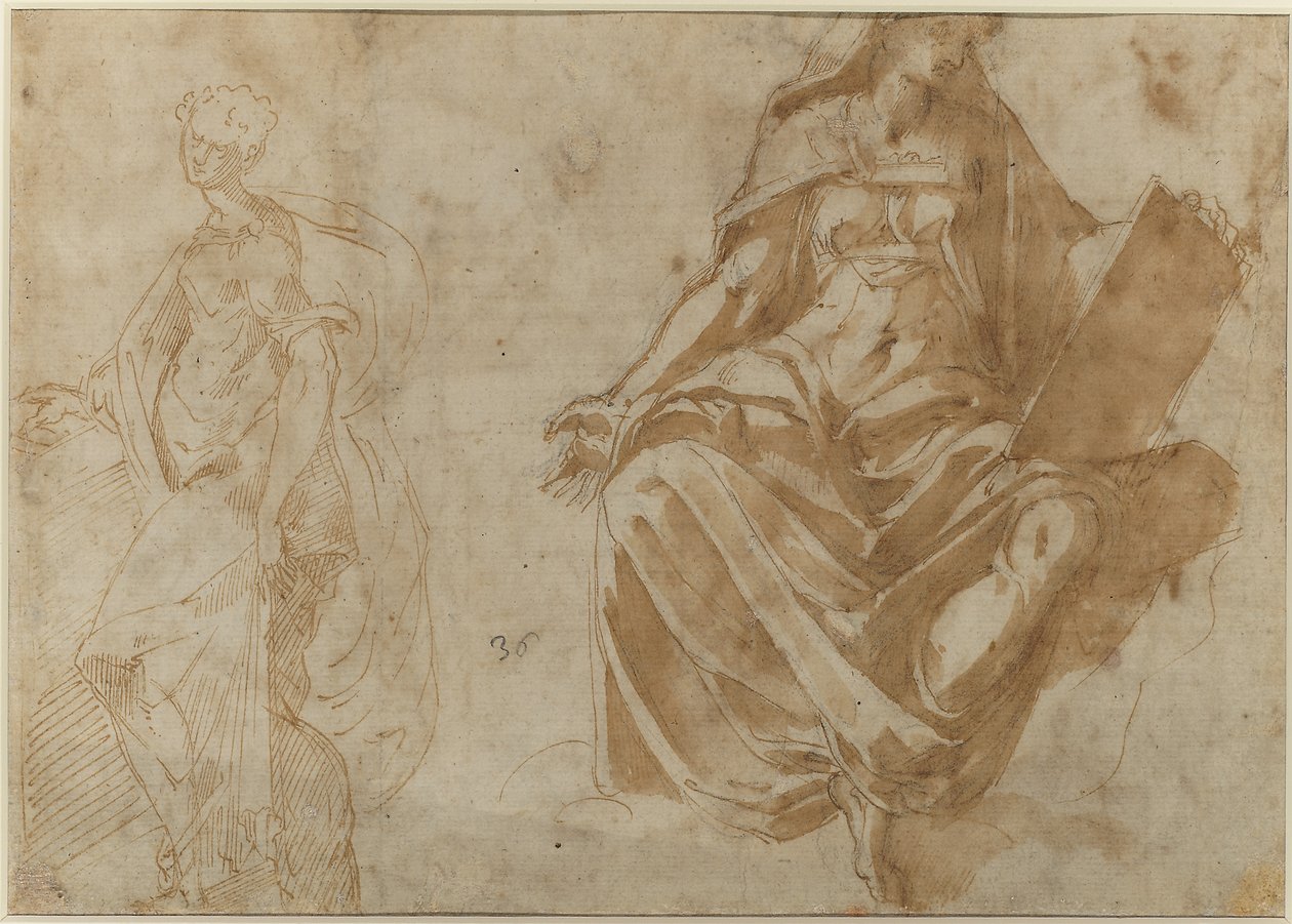 Santa Cecília e uma figura feminina sentada segurando um livro de Jacopo Ianguidi Bertoia
