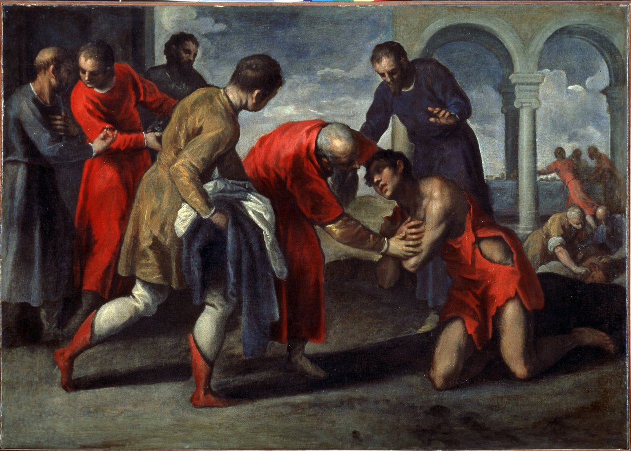 Retorno do Filho Pródigo. Pintura de Jacopo Palma il Giovane, o Jovem (1544-1628), após 1600. Óleo sobre tela. Arte italiana, estilo maneirista. Galleria dell