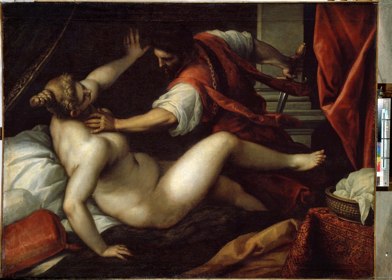 Tarquínio e Lucrécia (Tarquínio e Lucrécia). Sexto Tarquínio estupra Lucrécio, fato que teria levado à queda da monarquia e ao início da República na Roma Antiga, em 509 aC. Pintura de Jacopo Palma il Giovane (Os Jovens de Jacopo Il Giovane Palma