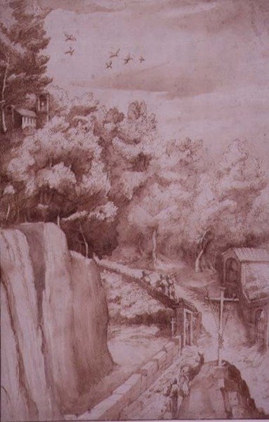 PD.52-1997 Vista do Mosteiro de La Verna, a estrada que conduz ao Mosteiro, c.1607-12 (lavagem, caneta e tinta sobre papel) de Jacopo Ligozzi
