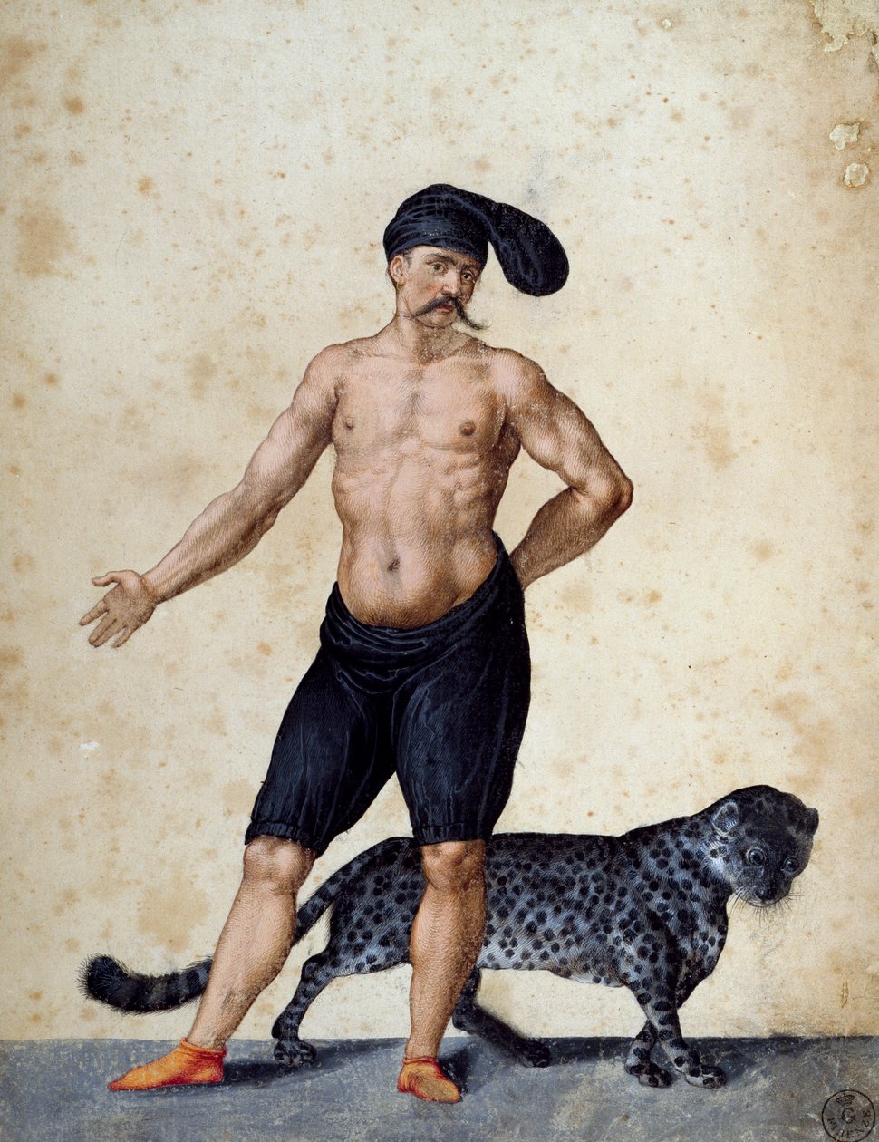 Jovem africano de pé na frente, meio vestido de berretta longa (boné) na cabeça, com tigre atrás, desenho de Jacopo Ligozzi (1547-1627) de Jacopo Ligozzi