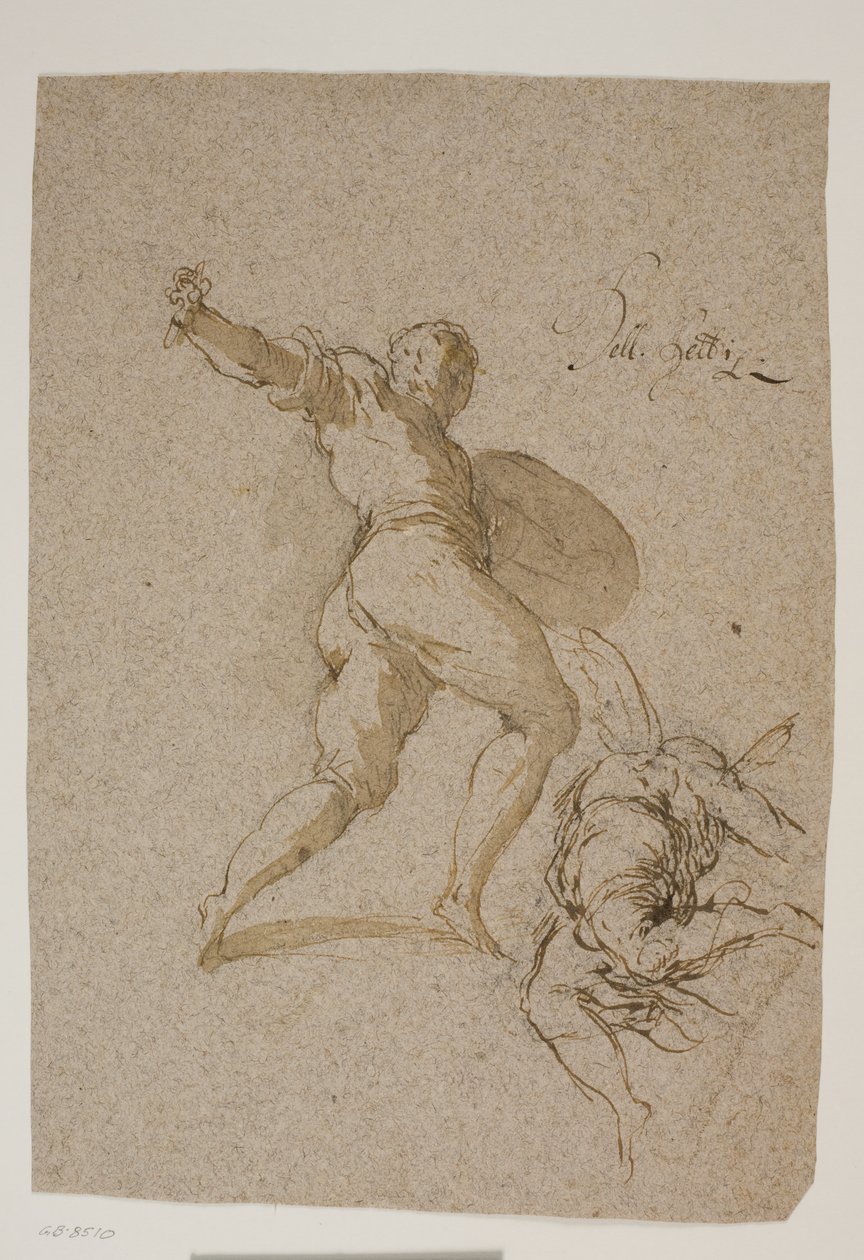 Saltando guerreiro e um anjo voador visto por trás de Jacopo Palma