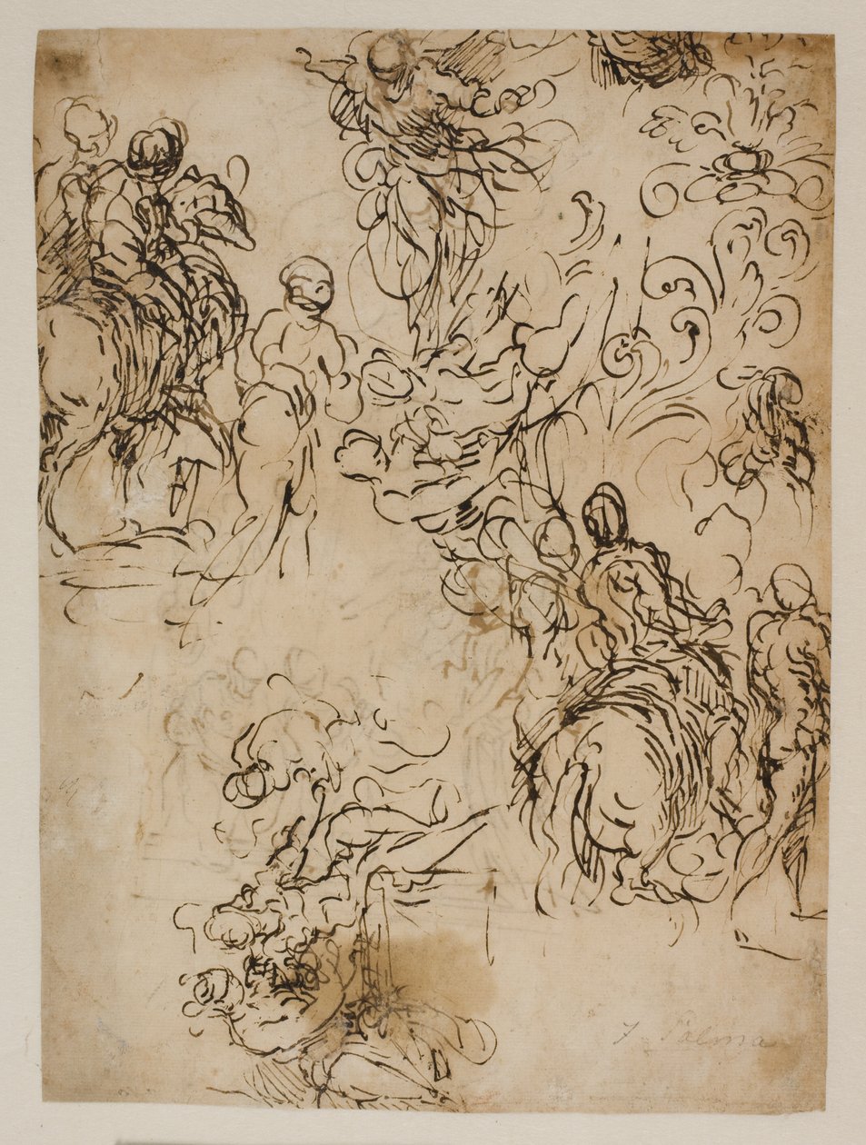 Esboços de Cristo pairando no ar, cavaleiros, um casal sentado e um ornamento de flores de Jacopo Palma
