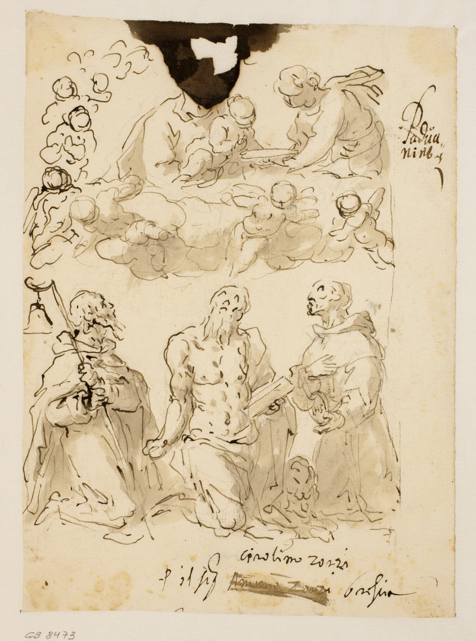 Santos Antony, Jerome e Bernardino ajoelhados, com a Virgem e o menino Cristo cercado por anjos crianças além de Jacopo Palma