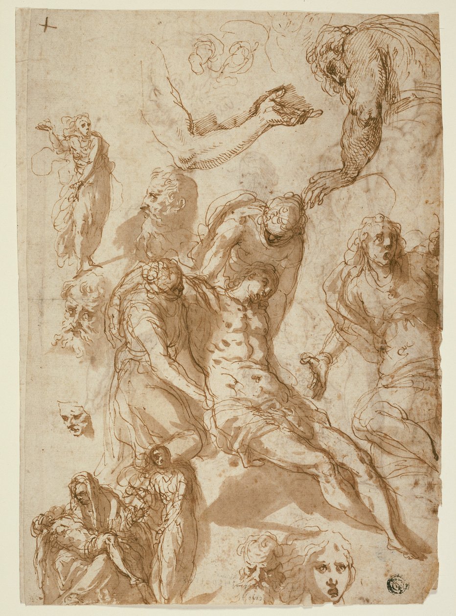 Esboços para uma Lamentação e uma Pietà, e de Várias Figuras, Cabeças e um Braço (reto); Esboços do Cristo Morto e de Várias Figuras e Cabeças (verso) de Jacopo Palma il Giovane
