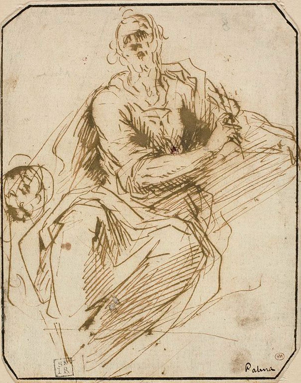 Estudo para São Marcos (reto); Esboço de figura masculina de meio comprimento, olhando de cima para a direita (verso) de Jacopo Palma il Giovane