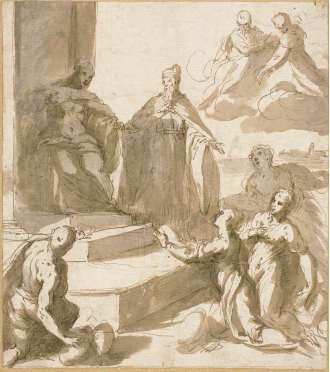 Estudo para Veneza recebendo homenagens e presentes de Brescia, Udine, Pádua e Verona, com Doge Francesco Venier apresentando-os de Jacopo Palma il Giovane