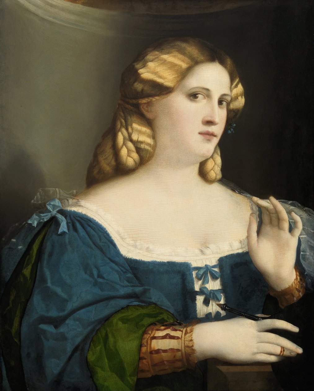 Jovem mulher em um vestido azul, com ventilador, 1512-1514 de Jacopo Palma il Vecchio the Elder