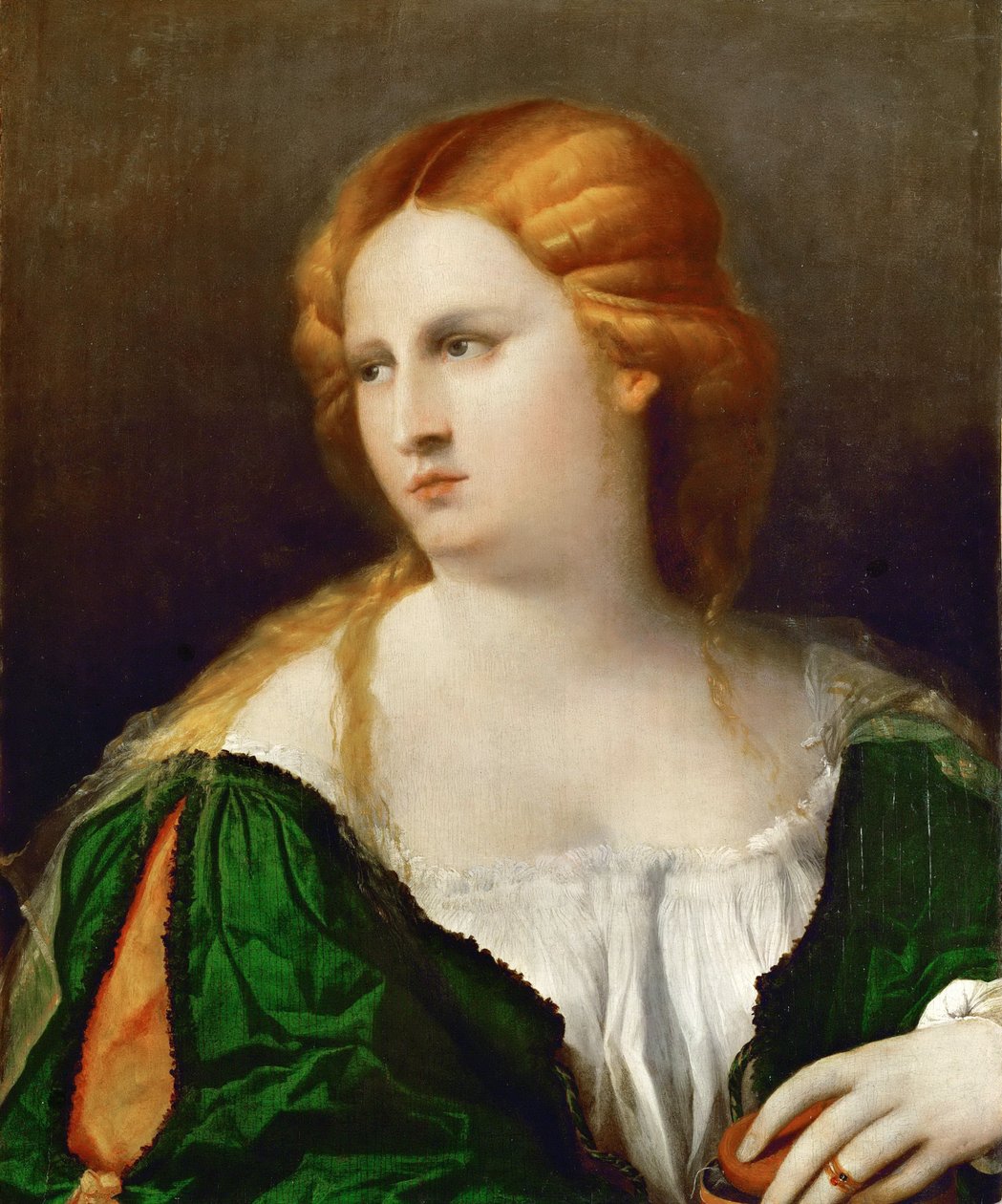 Jovem mulher em um vestido verde, uma caixa na mão, ca 1514 de Jacopo Palma il Vecchio the Elder