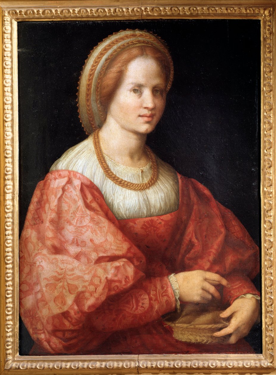 Retrato da Senhora com um Cesto de Fusos - óleo sobre painel de Jacopo Pontormo