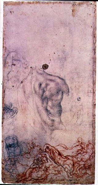 Estudo para um retrato de Cosimo I Giovinetto com outros estudos de corpos contorcidos (giz preto e vermelho sobre papel) de Jacopo Pontormo