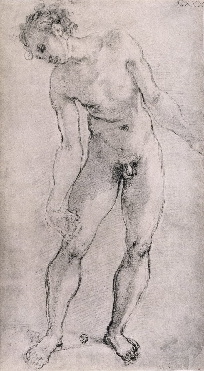 Estudo de uma figura masculina para o retábulo &39;Deposição&39; na Capella Capponi, Santa Felicita, Florença, 1525-27 (carvão) de Jacopo Pontormo