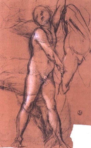 Estudo de um anjo segurando uma cortina para a "Sagrada Família com Santos" (retábulo Pucci), c.1518 (carvão vegetal) de Jacopo Pontormo