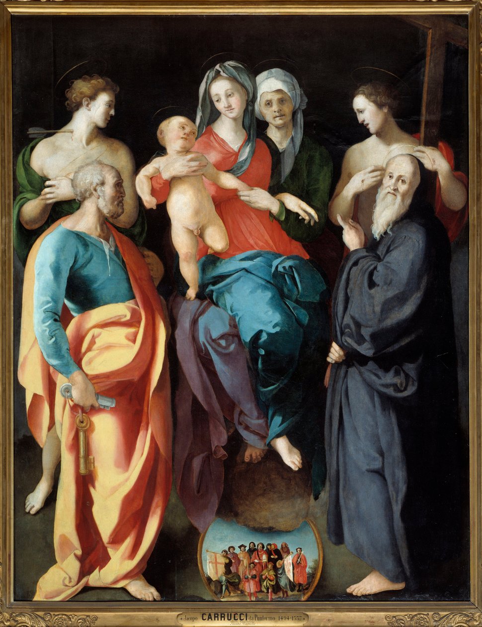A Virgem tem filho com Santa Ana e quatro santos São Sebastião, Pedro, Bento de Nursie e o Bom Ladrão (também chamado São Dismas (ou Dismas, Dimas, Dumas) Pintura de Jacopo (Iacopo) Carrucci dit il Pontormo (Pontormo) (1494-1556) 1529 Dim 2,28 de Jacopo Pontormo