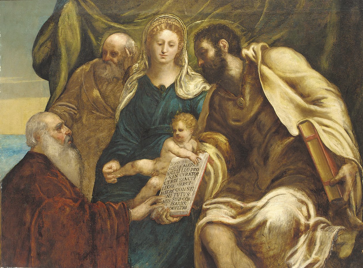 A Sagrada Família e o Doge Ranieri (óleo sobre tela) de Jacopo Robusti (studio of) (attr. to) Tintoretto