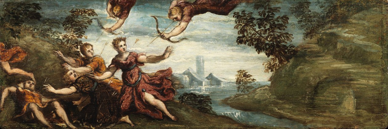 Apollo e Artemis matando as Crianças de Niobe, c.1545-48 (óleo sobre painel) de Jacopo Robusti (workshop of) Tintoretto