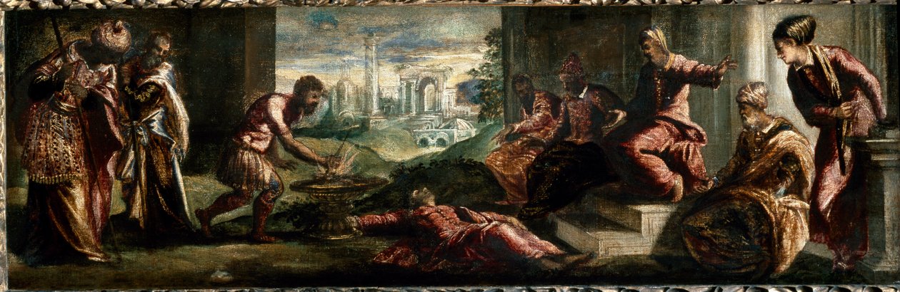 Caius Mucius Scaevola em frente a Porsenna Caius Mucius Scaevola, mergulha sua mão no fogo. (Pintura de Jacopo Robusti Tintoretto