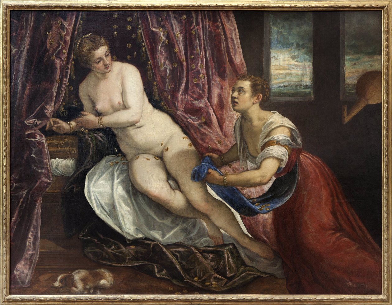 Danae, na mitologia grega, filha de Acrísio, rei de Argos, ele a tranca com medo do oráculo prevendo sua morte por seu neto. De sua união com Zeus vindo na forma de uma chuva dourada, Persee nasceu. Pintura de Jacopo Robusti, conhecido como Tin de Jacopo Robusti Tintoretto
