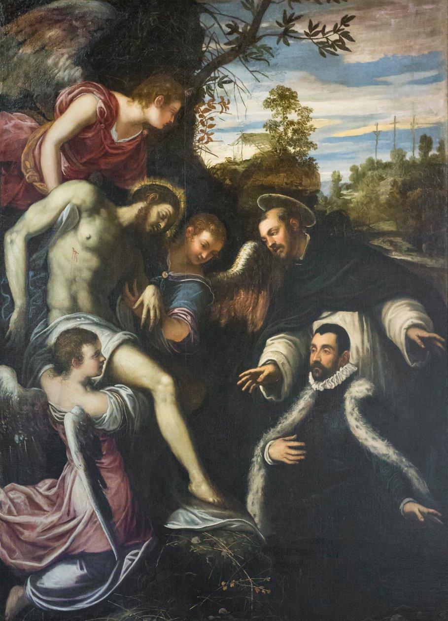 Cristo morto apoiado por três anjos, São Domingos e doador de Jacopo Robusti Tintoretto
