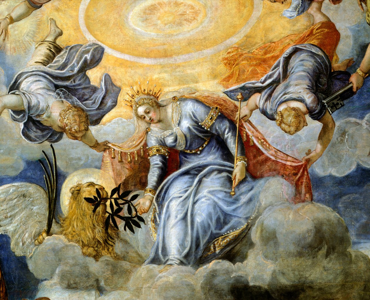 Doge Niccolo da Ponte recebendo ramo de oliveira de Veneza, de Jacopo Robusti conhecido como Tintoretto (1518-1594), Detail, Sala del Maggior Consiglio (Salão do Grande Conselho), Palazzo Ducale, Veneza de Jacopo Robusti Tintoretto
