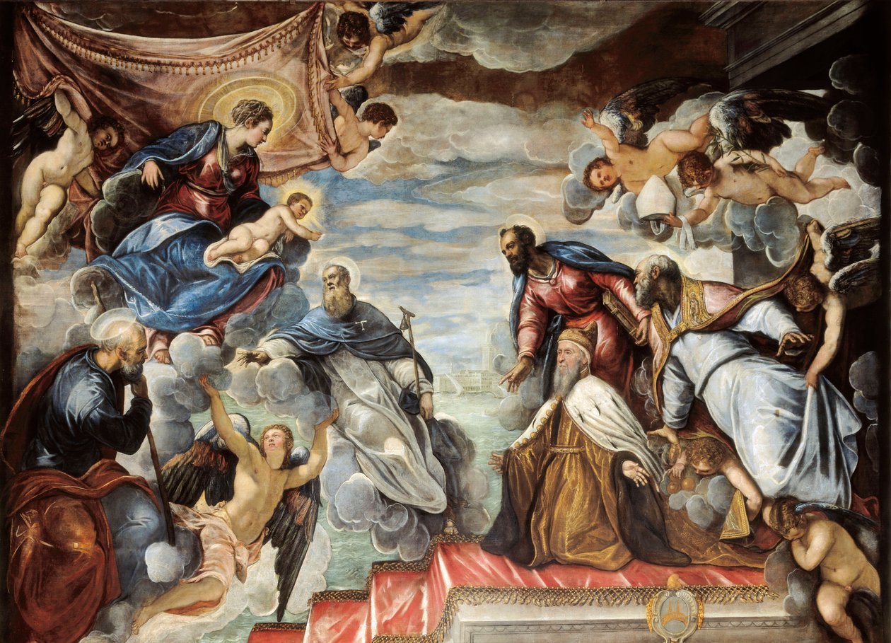 "Doge Nicolo da Ponte ajoelhado em frente à Virgem" de Jacopo Robusti Tintoretto