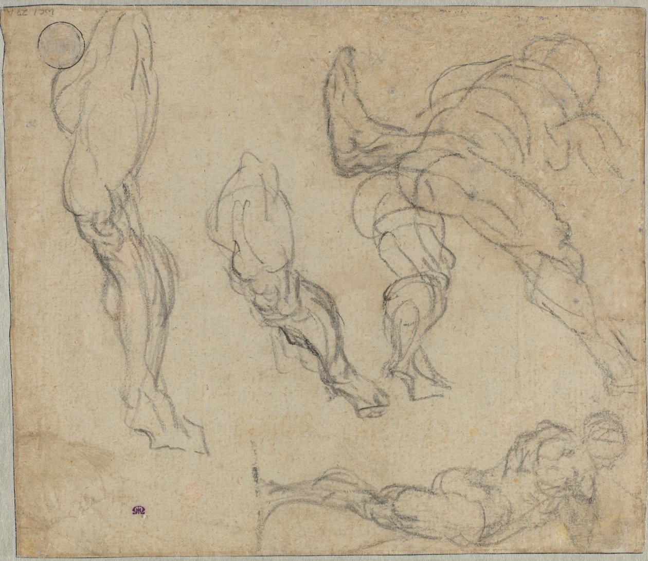 Figuras e Pernas, 1575-80 (giz preto sobre papel) de Jacopo Robusti Tintoretto