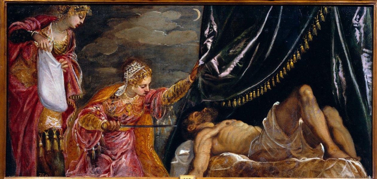 Judith e Holopherne Pintura de Jacopo Robusti chamada The Tintoret (Il Tintoretto) (1518-1594) Sol do século XVI. 0,58x1,19 m Madrid, Musee du Prado de Jacopo Robusti Tintoretto
