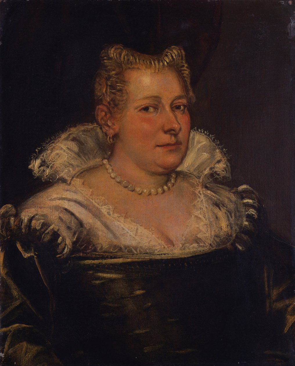 Retrato de uma senhora, comprimento do busto em um vestido verde com uma coleira branca de Jacopo Robusti Tintoretto