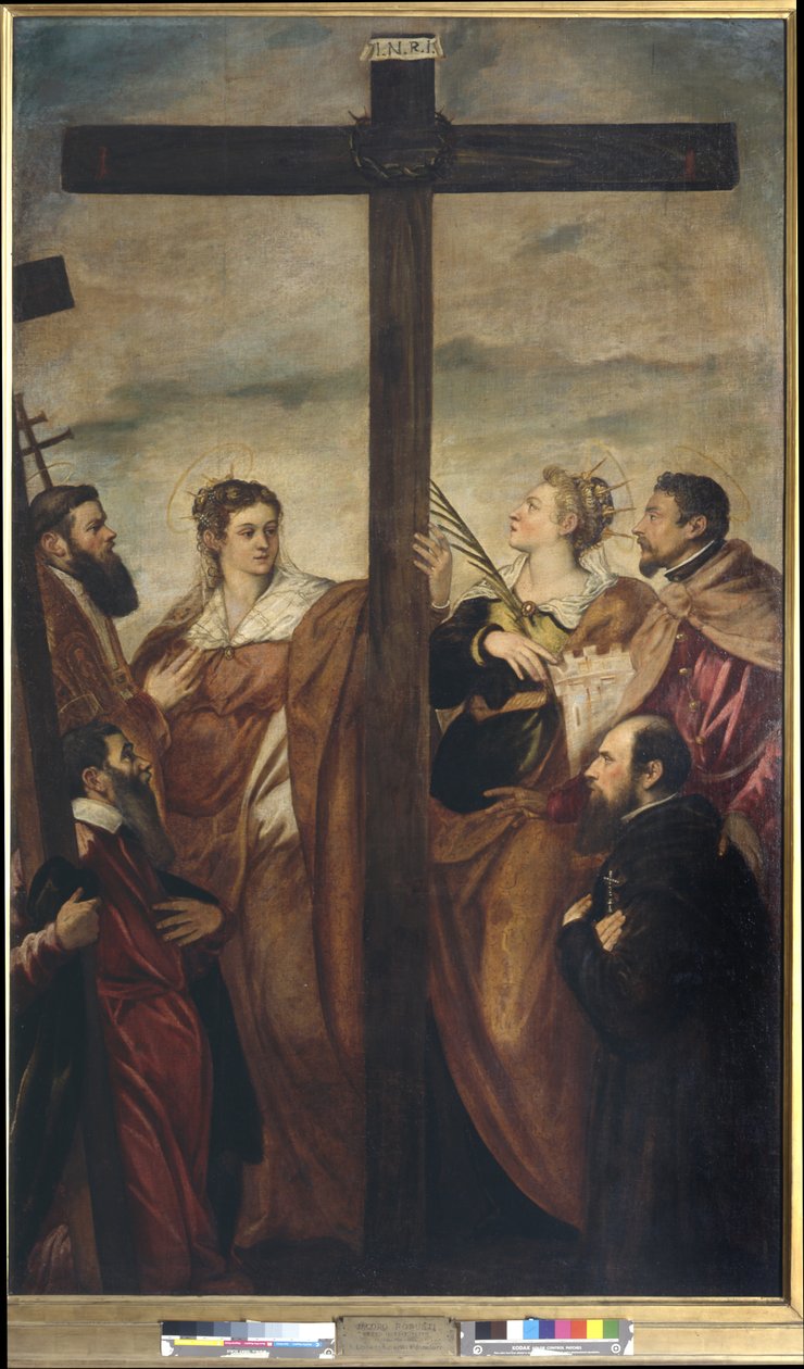 Os santos Helena, Bárbara, André, Macário, outro santo e um devoto adoram a Cruz, c.1560 (óleo sobre tela) de Jacopo Robusti Tintoretto