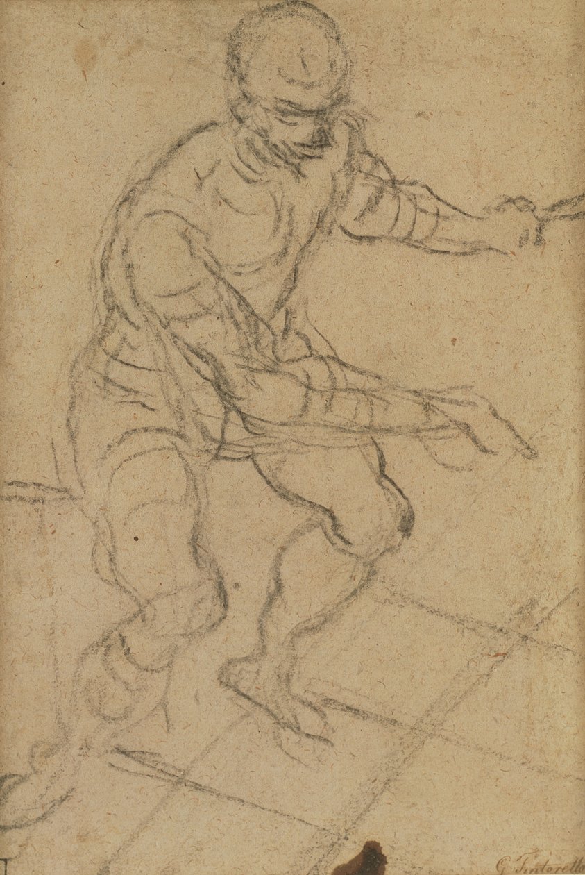 Homem sentado visto de cima (giz preto sobre papel) (reto) (ver 160813 para verso) de Jacopo Robusti Tintoretto