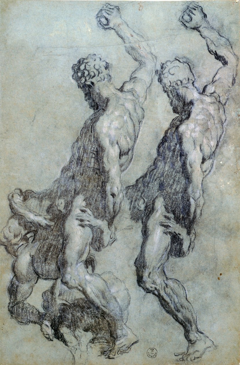 Estudo de figuras de Jacopo Robusti conhecido como Tintoretto (1518-1594), desenho a lápis preto e carvão vegetal de Jacopo Robusti Tintoretto