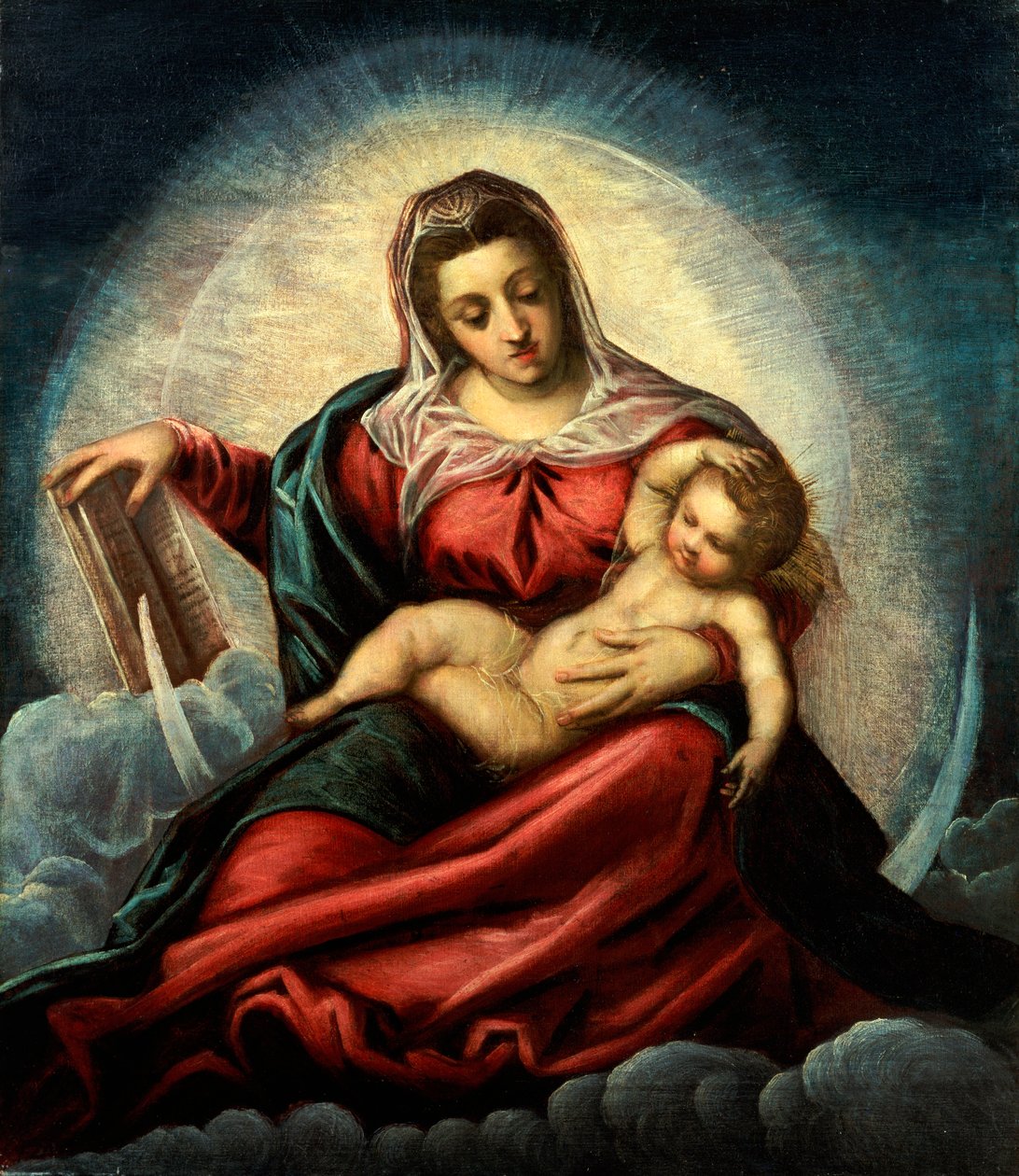 A Madona e o Menino em uma mandorla em uma lua crescente e nuvens, com o livro da sabedoria de Jacopo Robusti Tintoretto
