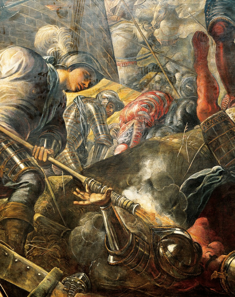 Os venezianos ajudam os brescianos a quebrar o cerco de Filippo Maria Visconti, de Jacopo Robusti, conhecido como Tintoretto (1518-1594), Detalhe, Sala del Maggior Consiglio (Salão do Grande Conselho), Palazzo Ducale, Veneza de Jacopo Robusti Tintoretto