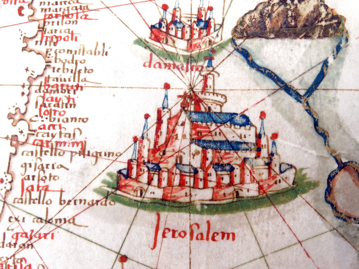 Detalhe mostrando Jerusalém e Damasco de um mapa renascentista da Europa, Jacopo Russo (depois), 1528 de Jacopo Russo