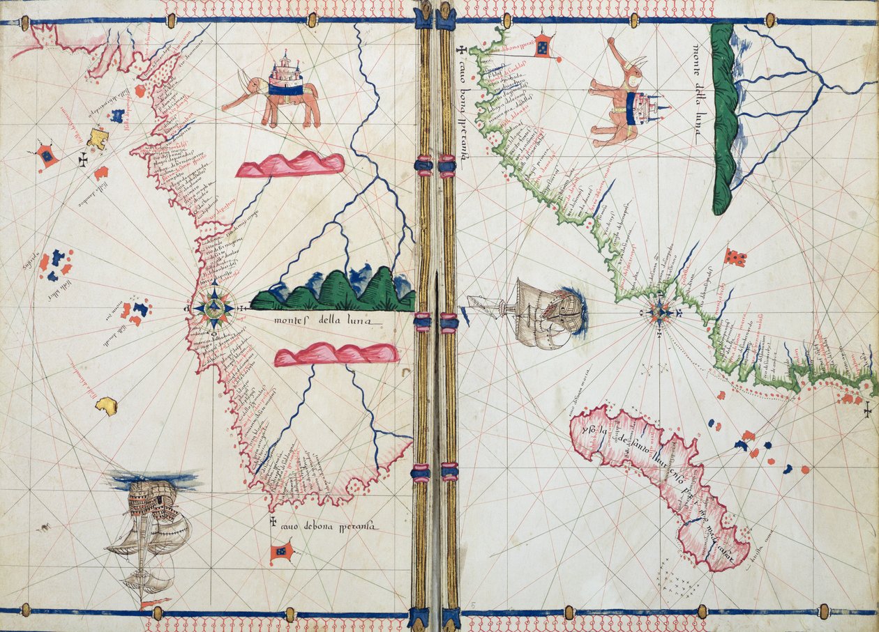 Ms Ital 550.0.3.15 fol.4v-5r Mapa da África e o Cabo da Boa Esperança, da &39;Carte Geografiche&39; de Jacopo Russo