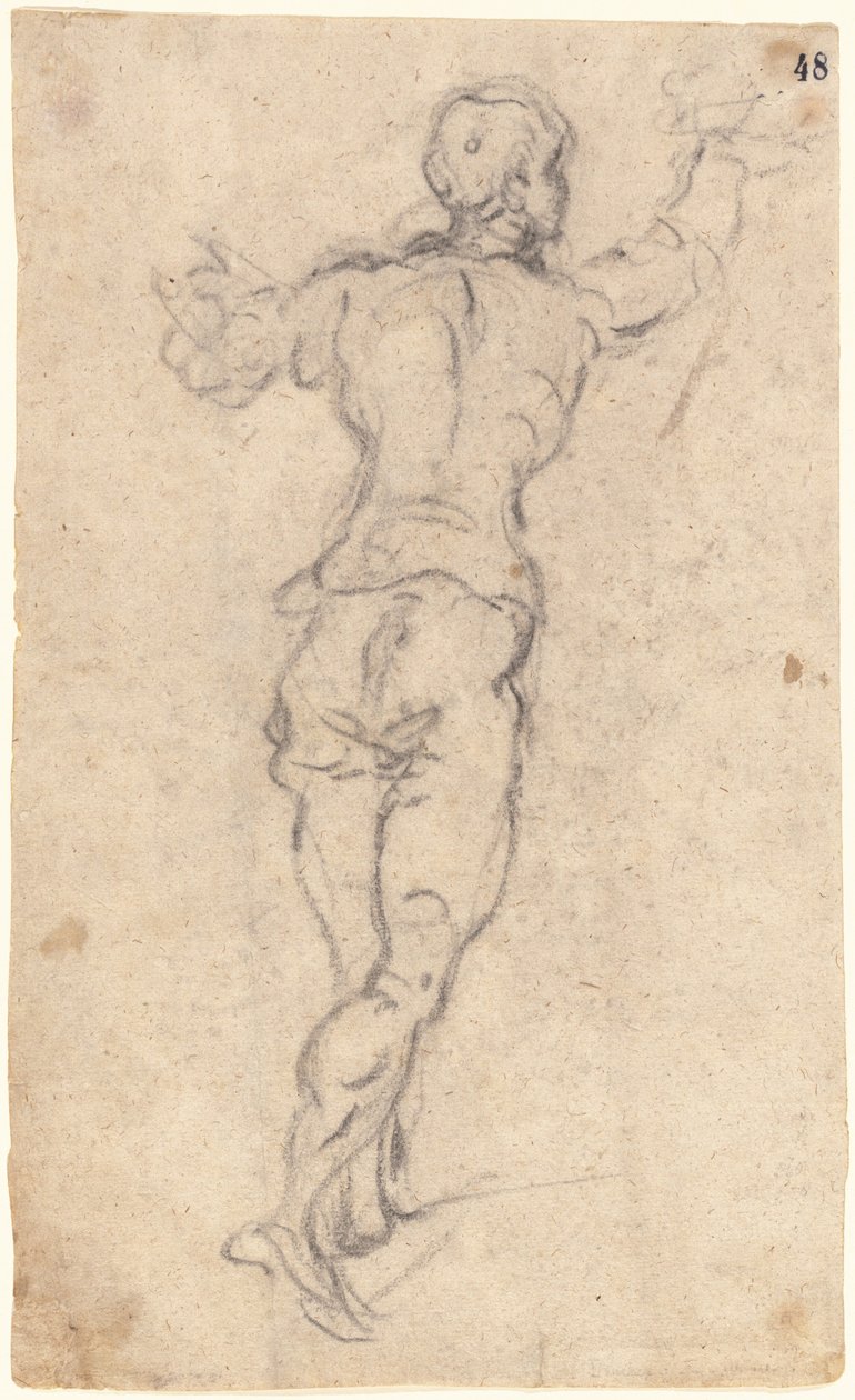 Um jovem caminhando com os braços levantados, visto de trás de Jacopo Tintoretto
